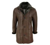Leather Company Men's 3/4 Duffle Jacket Sheepskin Long Button Zip Warm - Brown - X-Small
