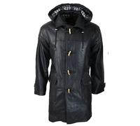 Leather Company Men's Black Leather Duffle Jacket Coat Toggle Classic Fisherman Hooded 3/4 - Small
