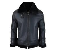Leather Company Mens Black Real Sheepskin Flying Jacket Zipped WW2 Pilot Black Winter Warm Coat - X-Large