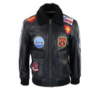Leather Company Men's Black Topgun Maverick Jacket Pilot Bomber US Badges Black Fur Tom Cat - Small