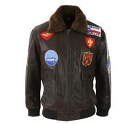 Leather Company Men's Brown Aviator Top Gun Jacket Classic Washed Fur Collar Pilot Bomber - 3XL