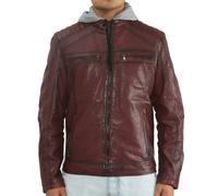 Leather Company Men's Hooded Biker Lamb Leather Jacket - Burgundy - Medium