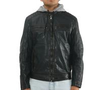 Leather Company Men's Hooded Biker Lamb Leather Jacket - Navy - Medium