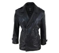 Leather Company Men's Leather 3/4 Double Breasted Pea Coat Sherlock Black Sailor Classic - 3XL