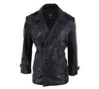 Leather Company Men's Leather 3/4 Double Breasted Pea Coat Sherlock Black Sailor Classic - Large