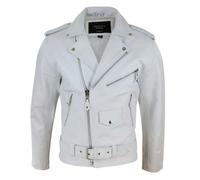 Leather Company Men's Leather Biker Jacket Cross Zip Brando White Hide Grease Classic - Medium