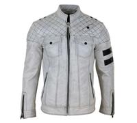 Leather Company Men's Leather Racing Jacket Biker Zipped Napa Stripes Black White - White - 4XL