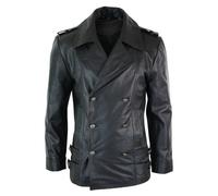 Leather Company Men's Mid Length German Sailors Marine Goth Punk Double Breasted Leather Jacket - Small