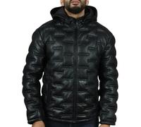 Leather Company Men's Puffer Quilted Real Leather Hooded Jacket - Black - 4XL