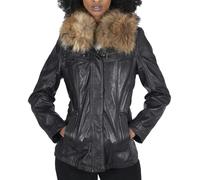 Leather Company Women's Leather Short Parka Jacket Coat Fur Hood Zipped Brown Tan Black - Black - UK 12