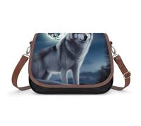 Leather Crossbody Bags for Women Wolf Under Moon Shoulder Bag with Adjustable Strap And Zipper Closure, Clutch Tote Hobo Handbags