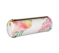 Leather Cylindrical Pencil Case Pink Watercolour Flowers Pattern Pencil Pouch Portable Pencil Pen Case for College School