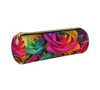 Leather Cylindrical Pencil Case Rainbow Rose Flowers Pattern Durable Office Stationery Pouch Pencil Pouch School Supplies