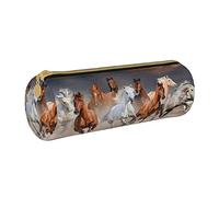Leather Cylindrical Pencil Case Sunset Horse Racing Pattern Pencil Pouch Portable Stationery Storage Bag for College School