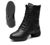 Leather Dance Shoes Women's Elegant Ankle Boots with Square Heel and Lacing Short Shoes Lace-Up Shoes for Dancing Fitness Jazz Shoes Gymnastics Waltz Foxtrot Swing Disco, O Black2, 2/2.5 UK
