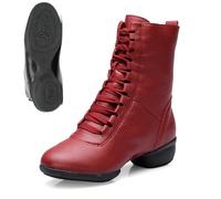 Leather Dance Shoes Women's Elegant Ankle Boots with Square Heel and Lacing Short Shoes Lace-Up Shoes for Dancing Fitness Jazz Shoes Gymnastics Waltz Foxtrot Swing Disco, O Red2, 6 UK