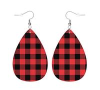 Leather Dangle Drop Earrings Tartan Plaid Scottish Red Black Buffalo Checkered Leather Earrings Vintage Drop Leather Earrings Fashion Dangle Earrings For Mother’S Day Party Decorations