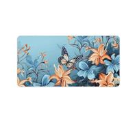 Leather Desk Pad Protector, Blue Butterfly Floral Mouse Pad, Office Desk Mat XXL Extended Gaming Mousepad, Non-Slip Keyboard Pad Waterproof Writing Pad for Office Home 23.6" X 11.8"