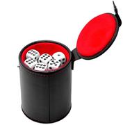 Leather Dice Cup with Lid Including 5 Dices, Red Velvet Interior for Quiet Shaking, Use for Liars Dice Farkle Yahtzee Board Games