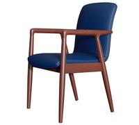 Leather dining chairs with armrests, mid-century modern chair with leather seat, upholstered living room armchairs with wooden legs, modern accent chair for the kitchen (dark blue, brown legs)