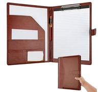 Leather Document Holder Multifunctional Leather Folder with A4 Writing Pad Cover Including 1 Lined Notepad, Can Hold Bank Cards and Other Storage(Brown)