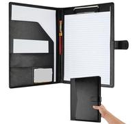 Leather Document Multifunctional Leather Folder with A4 Writing Pad Cover Including 1 Lined Notepad, Can Hold Bank Cards and Other Storage(Black)