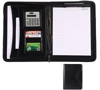 Leather Document Organizer,Portable Conference Folder A4 Zipped PU Leather Clipboard Document Organiser with Calculator and Portable Handle(Black)