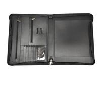 Leather Document Pouch Leather Folder Zippered Closure Portfolio for Business Card Interview Resume Binder(Black Without Book)