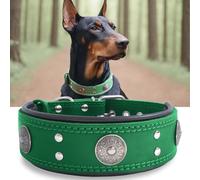 Leather Dog Collar, 2 inches Wide Heavy Duty Genuine Leather Collars, Handmade, Soft, and Luxury, Eye-catching Best Choice for Large and Medium Breed Dogs, Green 22.5-26.5 inches