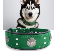 Leather Dog Collar, 5 cm Wide Genuine Leather, Handmade and Soft, Luxurious and Outstanding, Best Choice for Large and Medium Breeds, Green 49.5-60 cm