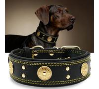 Leather dog collar, 5 cm wide sturdy genuine leather collar, handmade, soft and luxurious, eye-catching best choice for large and medium dog breeds, gold-black M