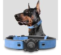 Leather Dog Collar with Air Tag Holder, Airtag Dog Collar IPX8 Waterproof, Handmade, Soft and Comfortable, Reflective, Adjustable Padding, Suitable for Medium Large Dogs (Blue, L)