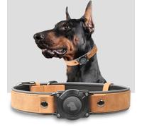 Leather Dog Collar with Air Tag Holder, Airtag Dog Collar IPX8 Waterproof, Handmade, Soft and Comfortable, Reflective, Adjustable Padding, for Medium Large Dogs (Light Brown, L)