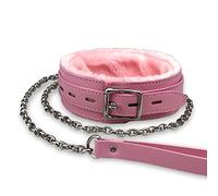 Leather Dog Collar with Leash, PU Leather Fur Lined Pet Collars Necklace with Long and Durable Detachable Leash Chain, Pink