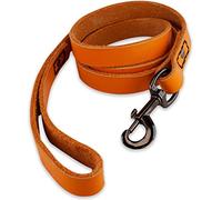 Leather Dog Lead 140 cm - Hand-Stitched Orange Full-Grain Leather, Black Clip, Padded Handle, Strong Training Dog Leash for Medium & Large Breeds
