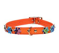 LEATHER DOG Puppy COLLAR MULTICOLORED DAISY FLOWERS Designer with SPARKLING RHINESTONES Handmade (13.5" long FIT NECK SIZE 9" to 11", ORANGE with ORANGE lining)