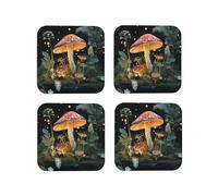 Leather Drink Coasters Set of 4 Butterfly Mushroom Print Coaster with Holder Waterproof Heat-Resistant Round Cup Mat Pad for Hot Cold Drink Non-Slip Coffee Coasters for Living Room Kitchen Bar