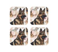 Leather Drink Coasters Set of 4 German Shepherd Dog Lovers Print Coaster with Holder Waterproof Heat-Resistant Round Cup Mat Pad for Hot Cold Drink Non-Slip Coffee Coasters for Living Room Kitchen Bar