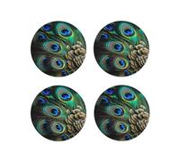 Leather Drink Coasters Set of 4 Peacock Feather Print Coaster with Holder Waterproof Heat-Resistant Round Cup Mat Pad for Hot Cold Drink Non-Slip Coffee Coasters for Living Room Kitchen Bar