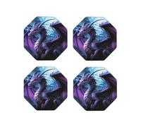 Leather Drink Coasters Set of 4 Purple Dragon Purple Moon Print Coaster with Holder Waterproof Heat-Resistant Round Cup Mat Pad for Hot Cold Drink Non-Slip Coffee Coasters for Living Room Kitchen Bar