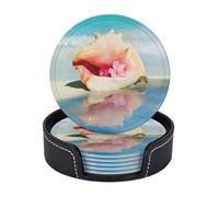 Leather Drink Coasters Set Of 6, Pu Leather Round Coaster With Storage Box, Beach Conch Seascape, Drink Coasters For Dining Table Office Decor, Heat-Resistant Round Beverage Pads For Home Kitchen
