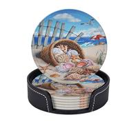 Leather Drink Coasters Set Of 6, Pu Leather Round Coaster With Storage Box, Beach Flying Seagull, Drink Coasters For Dining Table Office Decor, Heat-Resistant Round Beverage Pads For Home Kitchen