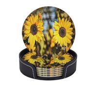 Leather Drink Coasters Set Of 6, Pu Leather Round Coaster With Storage Box, Beautiful Sunflower, Drink Coasters For Dining Table Office Decor, Heat-Resistant Round Beverage Pads For Home Kitchen