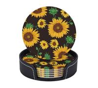 Leather Drink Coasters Set Of 6, Pu Leather Round Coaster With Storage Box, Beautiful Sunflower, Drink Coasters For Dining Table Office Decor, Heat-Resistant Round Beverage Pads For Home Kitchen