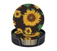 Leather Drink Coasters Set Of 6, Pu Leather Round Coaster With Storage Box, Beautiful Sunflower, Drink Coasters For Dining Table Office Decor, Heat-Resistant Round Beverage Pads For Home Kitchen