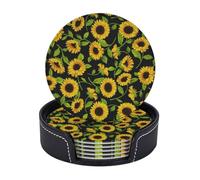 Leather Drink Coasters Set Of 6, Pu Leather Round Coaster With Storage Box, Beautiful Sunflower, Drink Coasters For Dining Table Office Decor, Heat-Resistant Round Beverage Pads For Home Kitchen