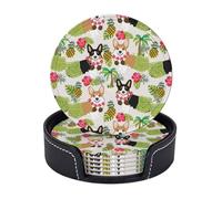 Leather Drink Coasters Set Of 6, Pu Leather Round Coaster With Storage Box, Dog Tropical Pineapple, Drink Coasters For Dining Table Office Decor, Heat-Resistant Round Beverage Pads For Home Kitchen