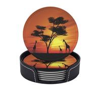 Leather Drink Coasters Set Of 6, Pu Leather Round Coaster With Storage Box, Funny African Sunset, Drink Coasters For Dining Table Office Decor, Heat-Resistant Round Beverage Pads For Home Kitchen