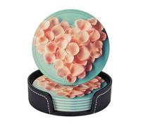 Leather Drink Coasters Set Of 6, Pu Leather Round Coaster With Storage Box Heart Shaped Floral Petals, Drink Coasters For Dining Table Office Decor, Heat-Resistant Round Beverage Pads For Home Kitchen