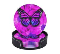 Leather Drink Coasters Set Of 6, Pu Leather Round Coaster With Storage Box, Purple Butterfly Flower, Drink Coasters For Dining Table Office Decor, Heat-Resistant Round Beverage Pads For Home Kitchen